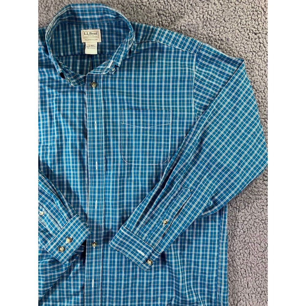 LL‎ Bean Mens Large Traditional Fit Plaid Button Down Shirt Blue Orange - Picture 9 of 15